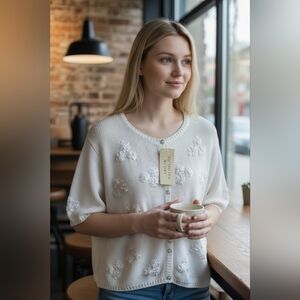 NWT VINTAGE Victoria Sport Ribbon Flower Cardigan